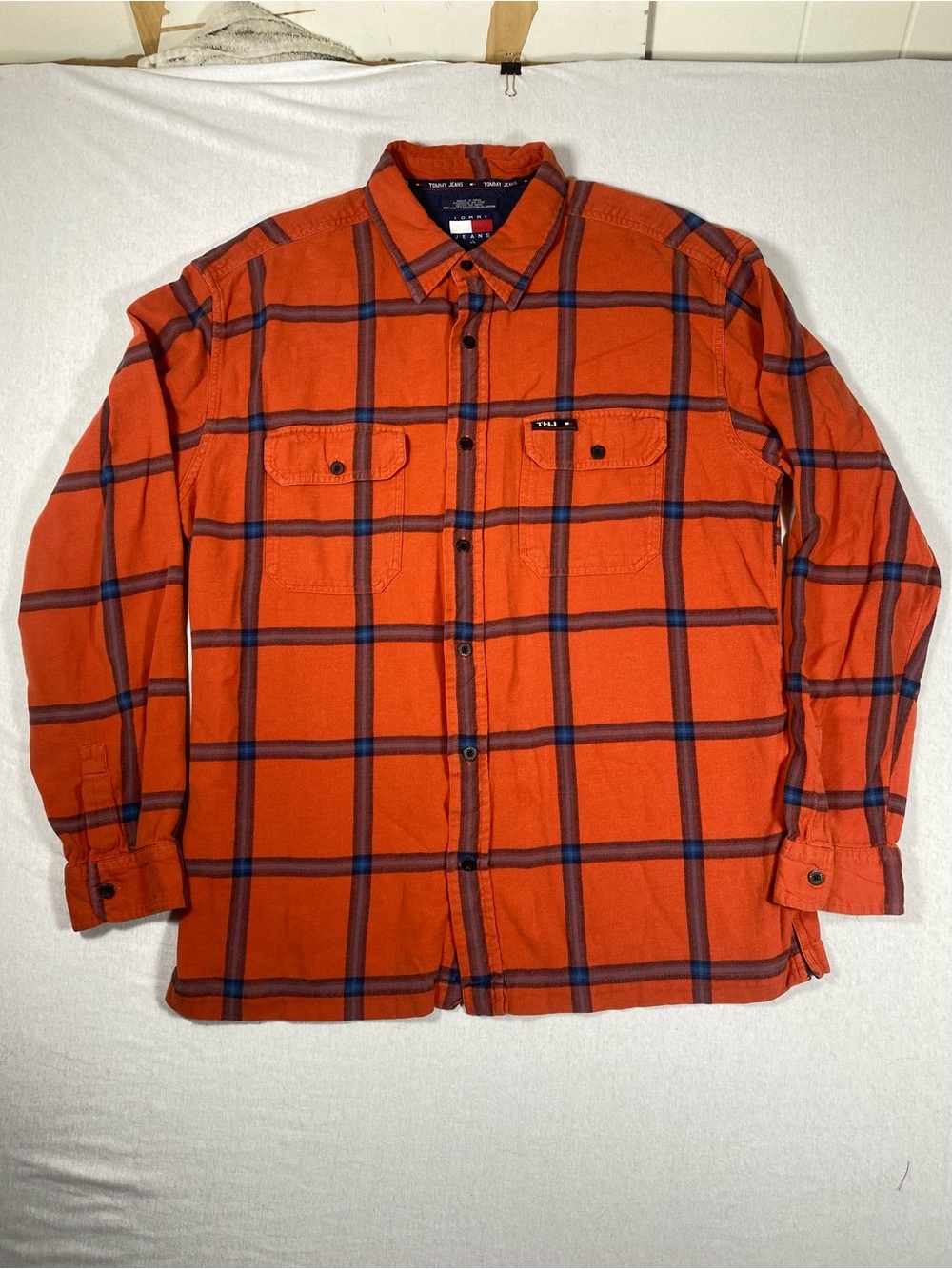 Vintage Tommy Jeans Orange Plaid Shirt Men’s L Y2K 100% Cotton